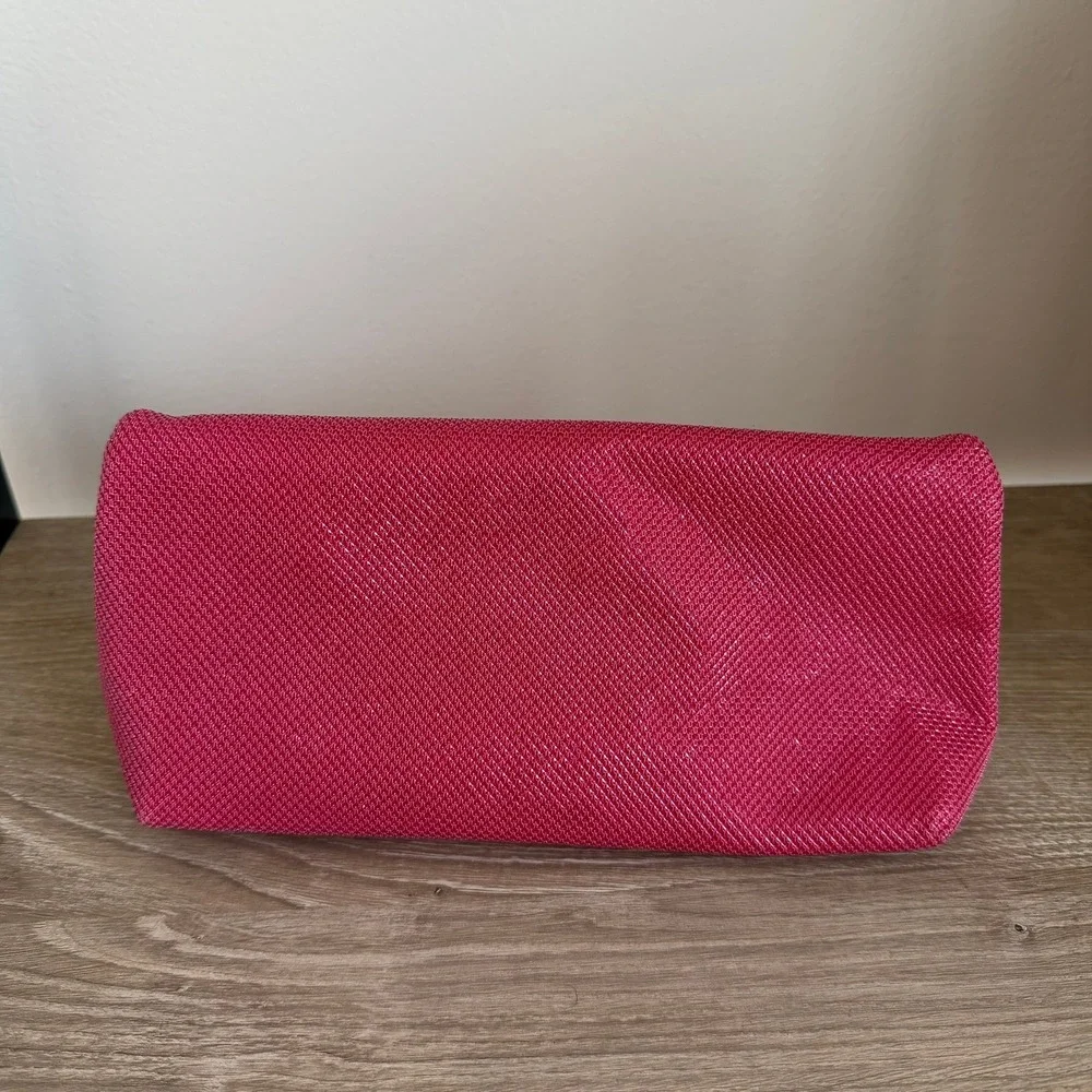 Lancome Paris Pink Textured Woven Cosmetic Makeup Bag Asymmetric Zip‎ Pouch